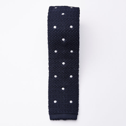 Knitted silk tie blue with white dots