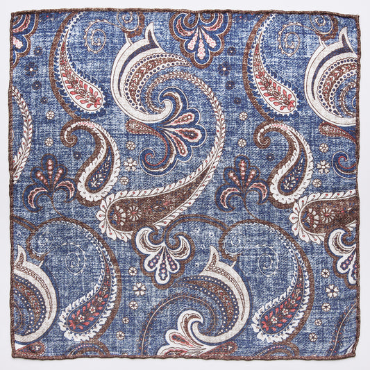 Pocket square with paisley pattern in blue and brown made of pure silk
