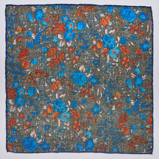 Pocket square with floral pattern in green, blue and orange made of pure silk