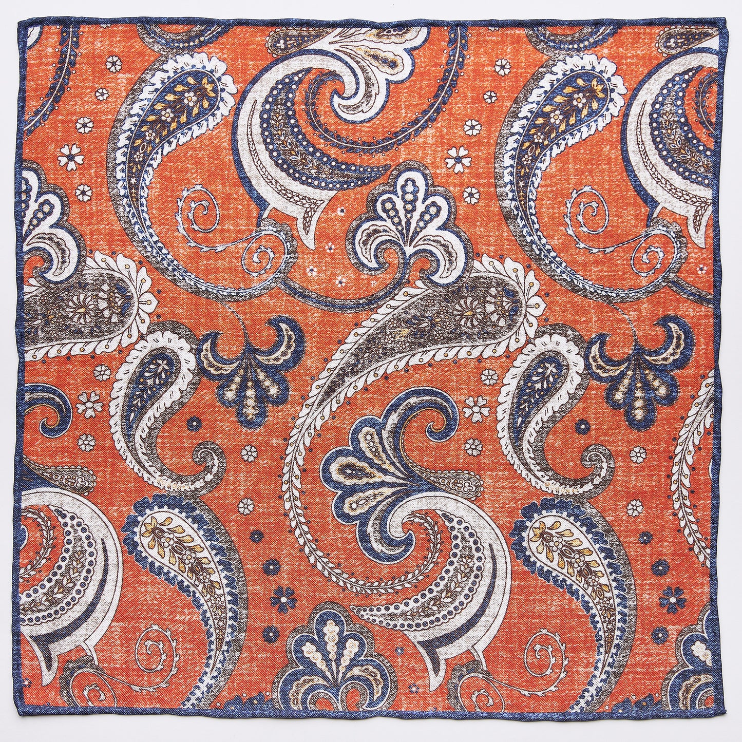 Pocket square with paisley pattern in orange, blue and brown made of pure silk