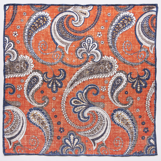Pocket square with paisley pattern in orange, blue and brown made of pure silk
