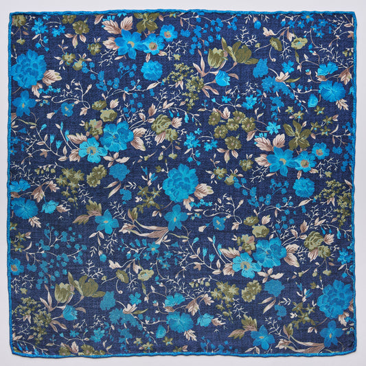 Pocket square with floral pattern in blue, green made of pure silk