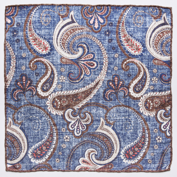 Pocket square with paisley pattern in blue  and brown made from pure silk