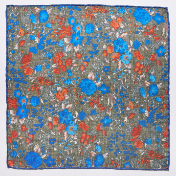 Pocket square with floral pattern in green, blue and orange made from pure silk