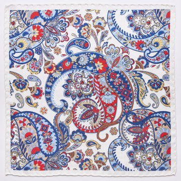Pocket square with paisley pattern in blue, red  and white made from pure silk