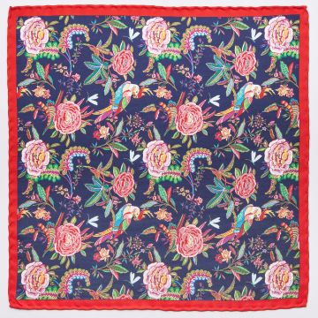 Pocket square with floral pattern in blue, pink   and green made from pure silk
