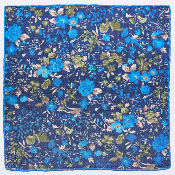 Pocket square with floral pattern in blue, green  made from pure silk